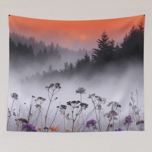 Item preview, Misty Sunset Wildflowers Forest Landscape — Foggy Purple & Orange Nature designed and sold by LYAN-STORE.