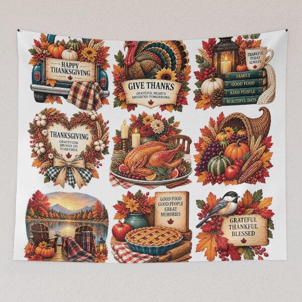 Item preview, Cozy Thanksgiving Autumn Clipart Bundle with Turkey Dinner Pumpkins Leaves and Farmhouse Decor designed and sold by Gold Turtle  Lina.