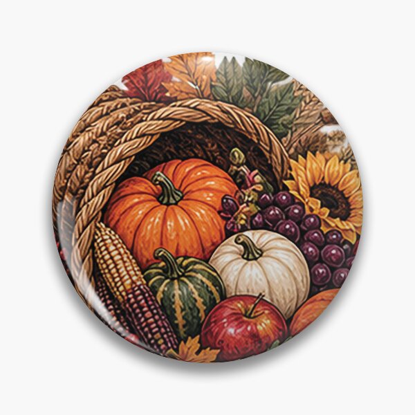 Item preview, TITLE Thanksgiving Cornucopia Harvest with Pumpkins Apples Grapes Sunflower and Autumn Leaves designed and sold by Gold Turtle  Lina.