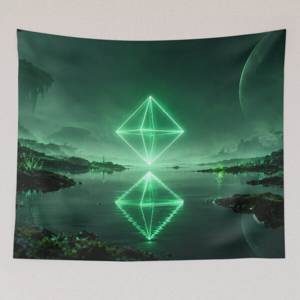 Item preview, Glowing Emerald Octahedron Over Alien Swamp Lake designed and sold by monkeybusiness.pt.