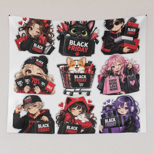 Item preview, Black Friday Anime Shopping Clipart Set with Cute Shoppers Cats Dog Sale Bags and Gift Boxes DESCRIPTION designed and sold by Gold Turtle  Lina.