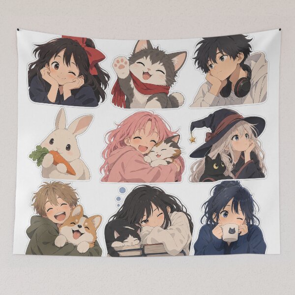 Item preview, Cute Anime Characters and Pets Clipart Set with Cats Corgi Bunny and Cozy Kawaii Moments designed and sold by Gold Turtle  Lina.