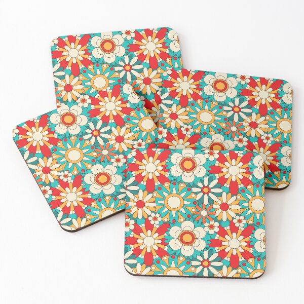 Item preview, Retro 70s Floral Pattern Groovy Teal Red & Orange Flowers designed and sold by JRRTs.