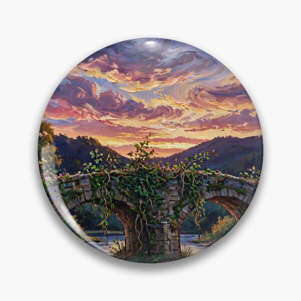 Item preview, Old Stone Bridge Reclaimed by Nature — Dusk River Painting designed and sold by LunaAdventurer.