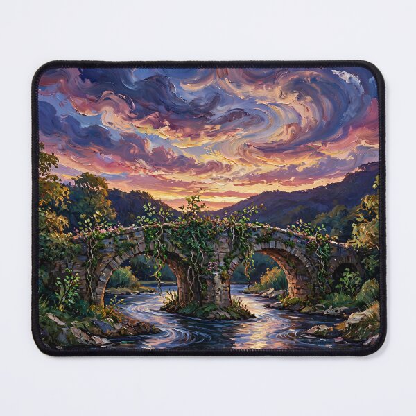 Item preview, Old Stone Bridge Reclaimed by Nature — Dusk River Painting designed and sold by LunaAdventurer.