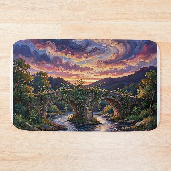 Item preview, Old Stone Bridge Reclaimed by Nature — Dusk River Painting designed and sold by LunaAdventurer.