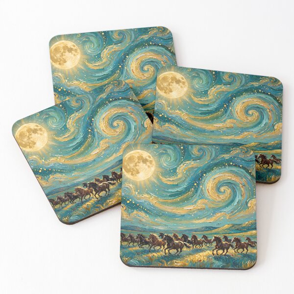 Item preview,  Wild Horses Galloping Under a Golden Moon — Swirling Night Sky Art designed and sold by LunaAdventurer.