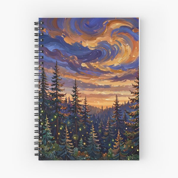 Item preview, Pine Forest at Dusk — Fireflies Under a Swirling Amber Sky designed and sold by LunaAdventurer.