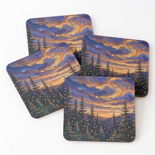Item preview, Pine Forest at Dusk — Fireflies Under a Swirling Amber Sky designed and sold by LunaAdventurer.