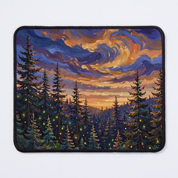 Item preview, Pine Forest at Dusk — Fireflies Under a Swirling Amber Sky designed and sold by LunaAdventurer.
