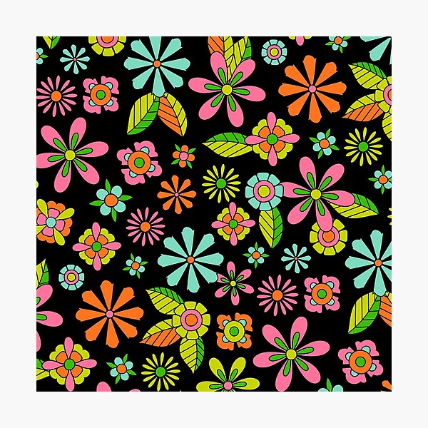 Item preview, Retro 70s Floral Pattern Colorful Groovy Flowers on Black designed and sold by JRRTs.