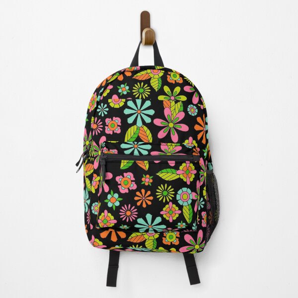 Item preview, Retro 70s Floral Pattern Colorful Groovy Flowers on Black designed and sold by JRRTs.