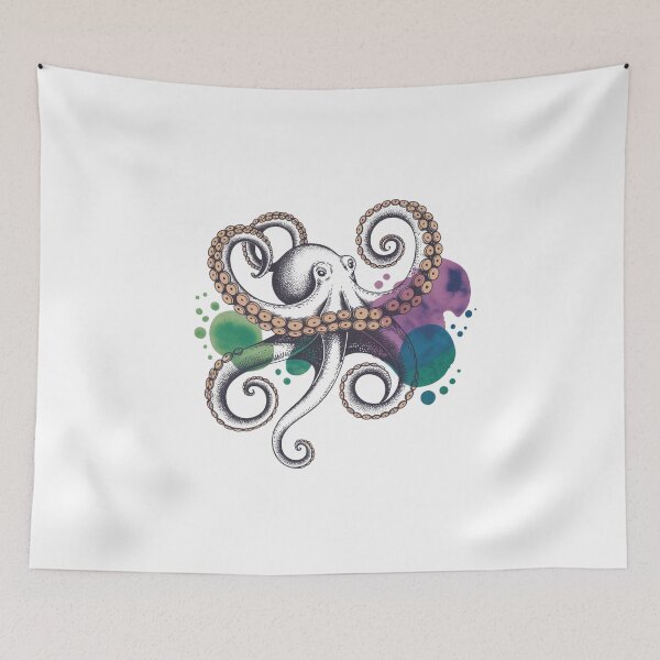 Item preview, octopus illustration with swirling tentacles and watercolor splash for marine lovers designed and sold by DariaOltes.
