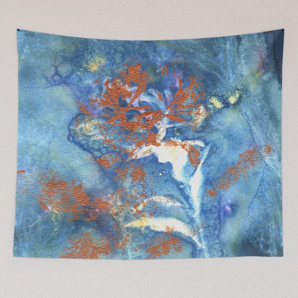 Item preview, Wet Cyanotype of a Lonicera Periclymenum, or Common Honeysuckle, with Brusho Crystal Watercolours, Soap Suds, Vinegar and Turmeric, and Acrylic Paint Leaf Print and Metallic Leaf Edges designed and sold by LymphomaLass.