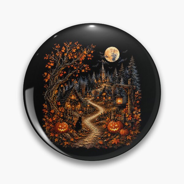 Item preview, Spooky Halloween Village Black Cat Pumpkin Moonlight Night designed and sold by Moizento.