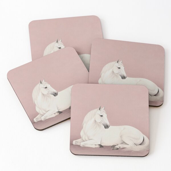 Item preview, White Horse Lying on Pink Background Minimal designed and sold by KAMOCHI Art.