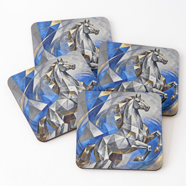 Item preview, Geometric Silver Blue Rearing Horse Gold Accents designed and sold by KAMOCHI Art.