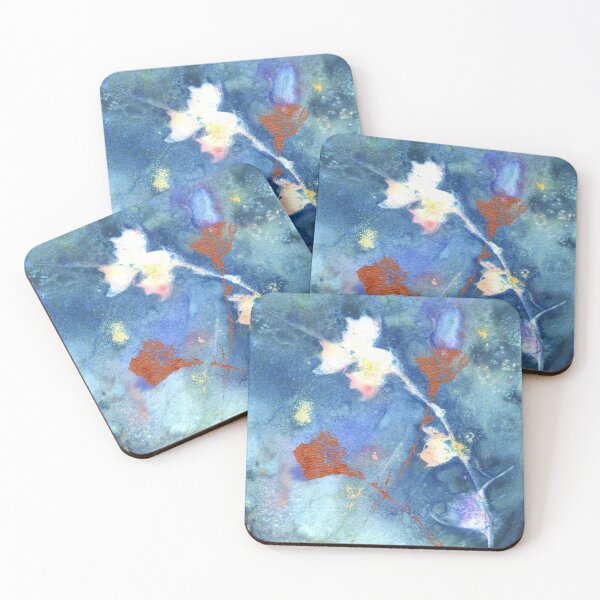 Item preview, Wet Cyanotype of a Campanula Persicifolia with Brusho Crystal Watercolours, Soap Suds, Vinegar and Turmeric, and Acrylic Paint Leaf Print with Metallic Leaf Edges designed and sold by LymphomaLass.