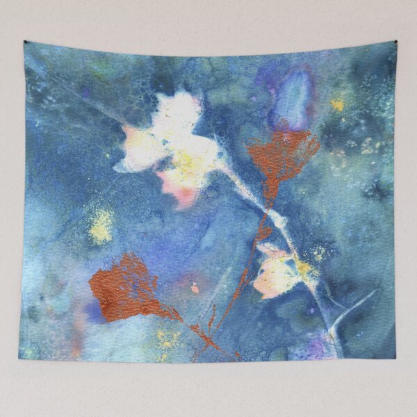 Item preview, Wet Cyanotype of a Campanula Persicifolia with Brusho Crystal Watercolours, Soap Suds, Vinegar and Turmeric, and Acrylic Paint Leaf Print with Metallic Leaf Edges designed and sold by LymphomaLass.