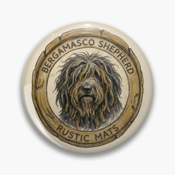 Item preview, Shaggy Bergamasco Shepherd dog, depicted calmly within rustic wooden badge designed and sold by Jdee23.
