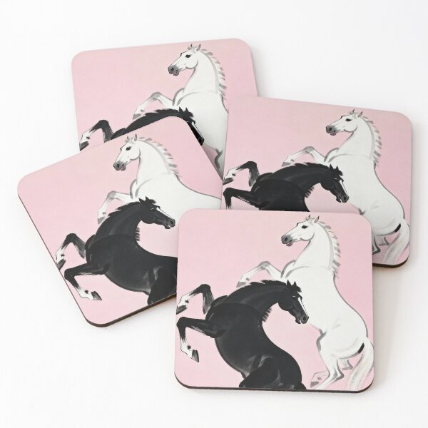Item preview, Black and White Horses Rearing Pink Background designed and sold by KAMOCHI Art.