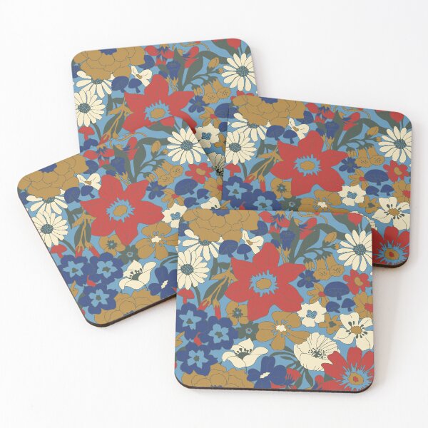 Item preview, Retro Mushroom Floral in Country Blue + Red designed and sold by YesterdayColl.