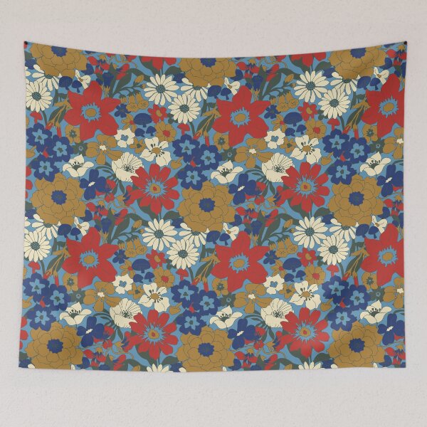 Item preview, Retro Mushroom Floral in Country Blue + Red designed and sold by YesterdayColl.