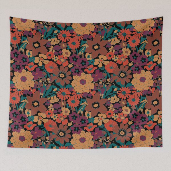 Item preview, Retro Mushroom Floral in Black + Midnight Rust designed and sold by YesterdayColl.