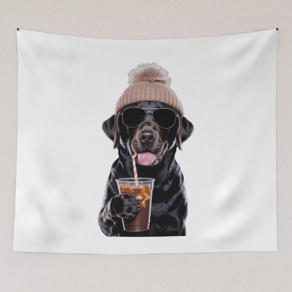 Item preview, cool black lab coffee dog with beanie and sunglasses winter drink lover designed and sold by DariaOltes.