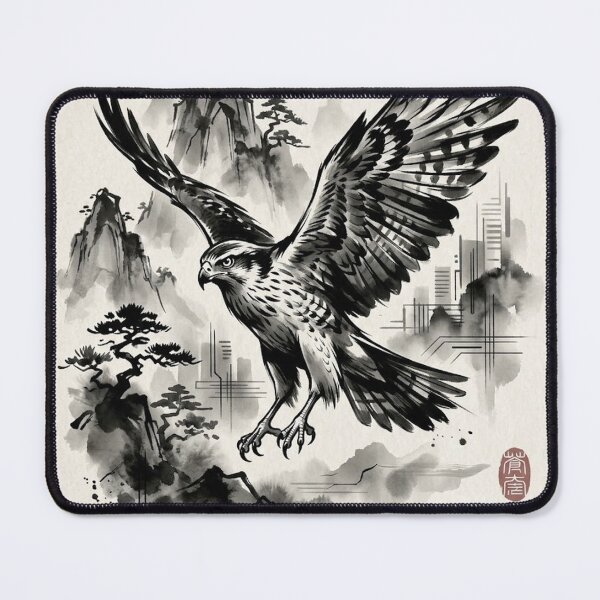 Item preview, Ink Wash Hawk in Mountain Mist - Traditional Japanese Art Style designed and sold by iris-festival.