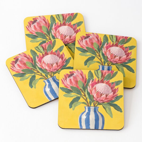 Item preview, Pink Protea Flowers in Blue and White Vase on Yellow Background designed and sold by GutyzDesignsES.