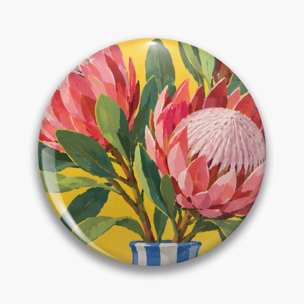 Item preview, Pink Protea Flowers in Blue and White Vase on Yellow Background designed and sold by GutyzDesignsES.