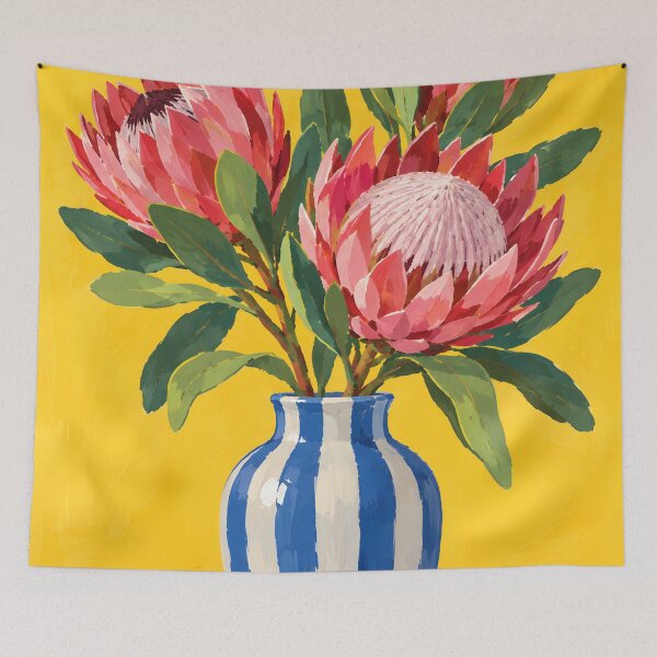 Item preview, Pink Protea Flowers in Blue and White Vase on Yellow Background designed and sold by GutyzDesignsES.