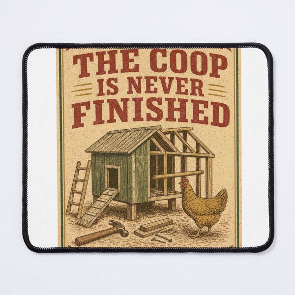 Item preview, The Coop Is Never Finished Chicken Coop Building Feed Bag Label designed and sold by BoosterShop.