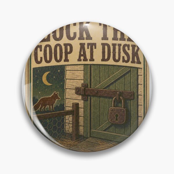Item preview, Lock the Coop at Dusk. Secure the chicken coop in the evening. Feed bag label. designed and sold by BoosterShop.