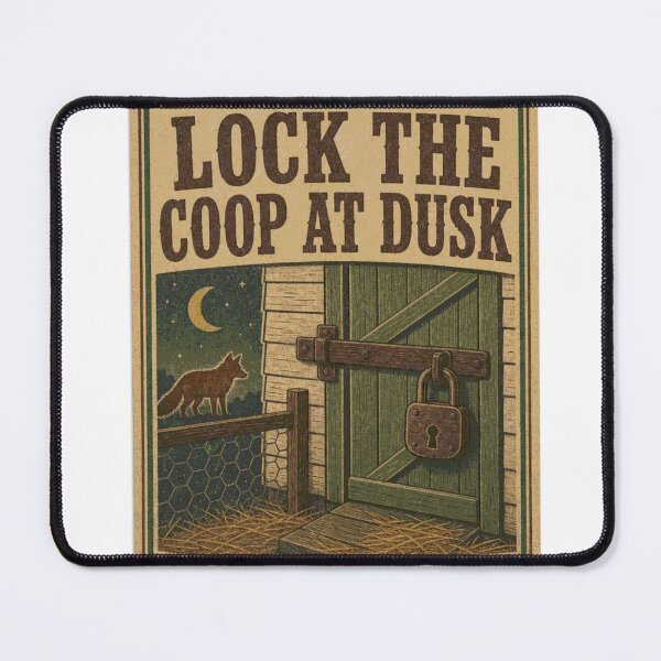 Item preview, Lock the Coop at Dusk. Secure the chicken coop in the evening. Feed bag label. designed and sold by BoosterShop.