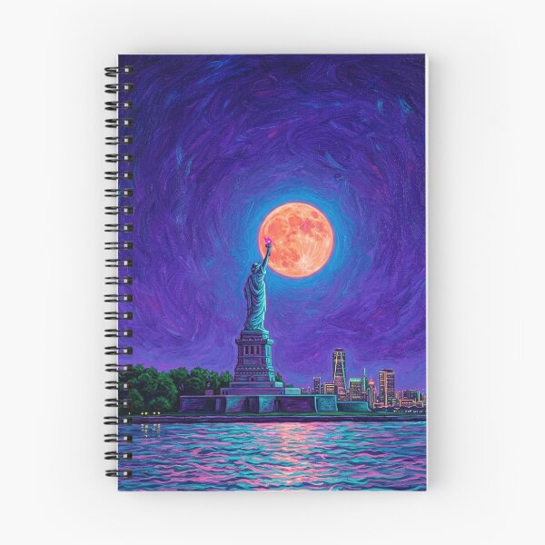 Item preview, Vibrant Neon NYC Harbor - Impressionist Oil Painting of Liberty & Moon designed and sold by CleverCulture.