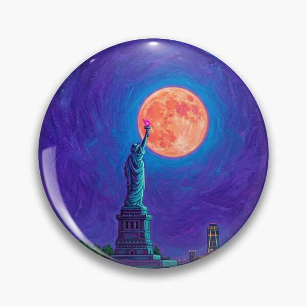 Item preview, Vibrant Neon NYC Harbor - Impressionist Oil Painting of Liberty & Moon designed and sold by CleverCulture.