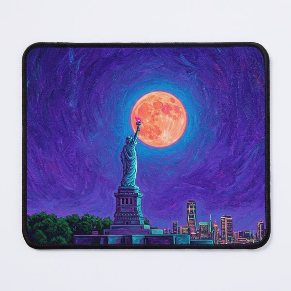 Item preview, Vibrant Neon NYC Harbor - Impressionist Oil Painting of Liberty & Moon designed and sold by CleverCulture.