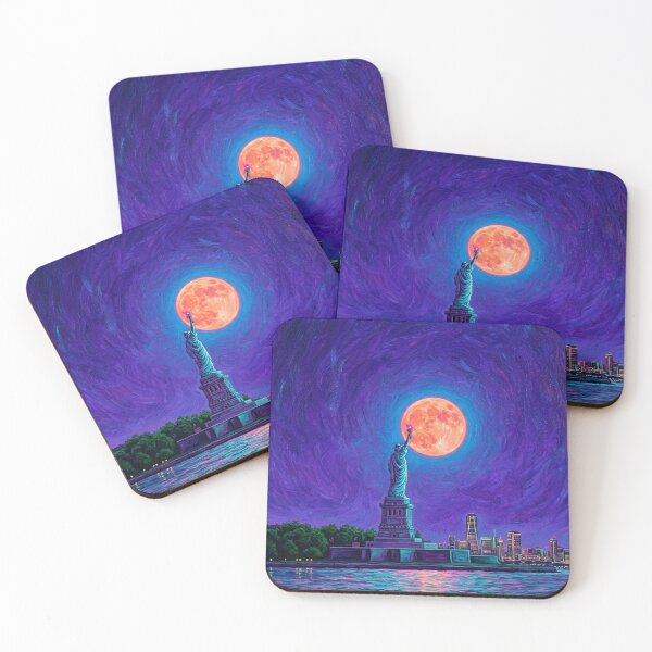 Item preview, Vibrant Neon NYC Harbor - Impressionist Oil Painting of Liberty & Moon designed and sold by CleverCulture.