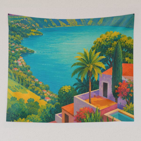 Item preview, Vibrant Tropical Mountain Lake Village Landscape designed and sold by GutyzDesignsES.