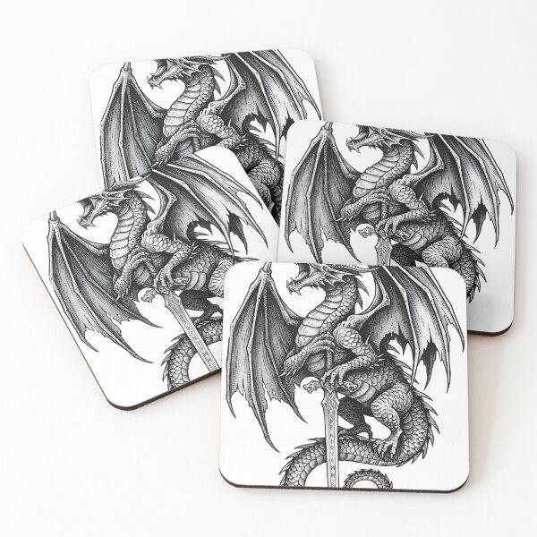 Item preview, Standing Dragon with Rune Blade - Detailed Ink Illustration designed and sold by DragonSerpent Ink.