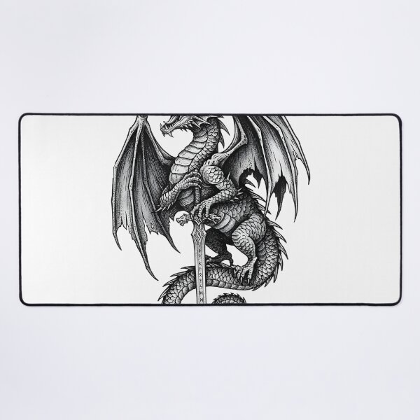 Item preview, Standing Dragon with Rune Blade - Detailed Ink Illustration designed and sold by DragonSerpent Ink.
