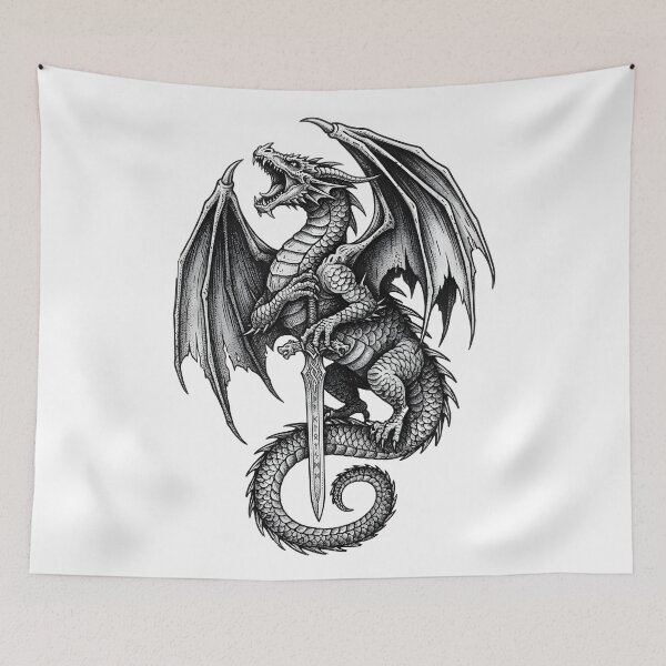 Item preview, Standing Dragon with Rune Blade - Detailed Ink Illustration designed and sold by DragonSerpent Ink.