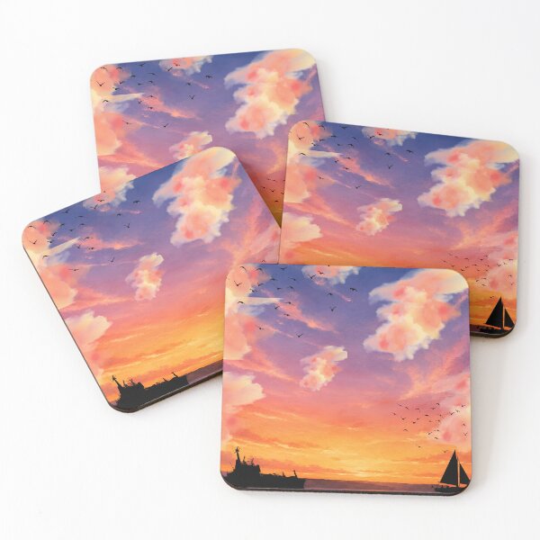 Item preview, Sunset with boats and orange pink clouds designed and sold by CurlyDoodle.