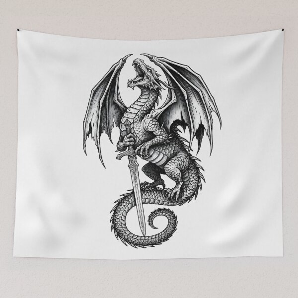 Item preview, Roaring Dragon with Sword - Vertical Blade Ink Illustration designed and sold by DragonSerpent Ink.