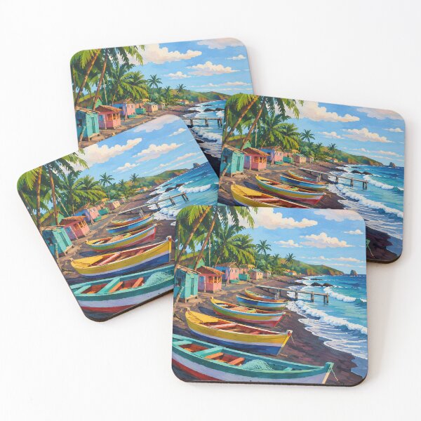 Item preview, Colorful Tropical Fishing Village with Boats and Palm Trees designed and sold by GutyzDesignsES.