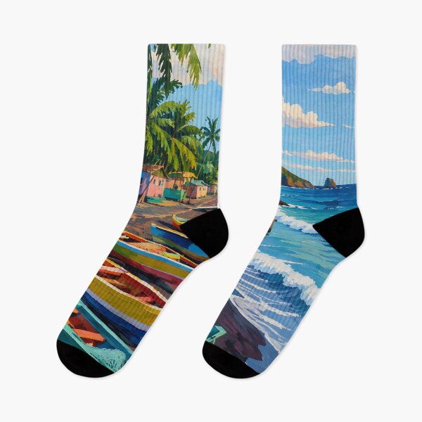 Item preview, Colorful Tropical Fishing Village with Boats and Palm Trees designed and sold by GutyzDesignsES.
