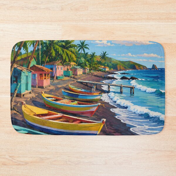 Item preview, Colorful Tropical Fishing Village with Boats and Palm Trees designed and sold by GutyzDesignsES.