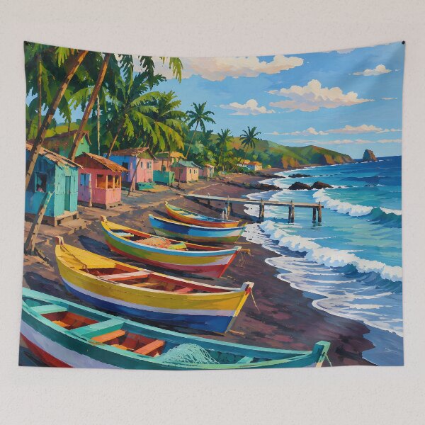 Item preview, Colorful Tropical Fishing Village with Boats and Palm Trees designed and sold by GutyzDesignsES.